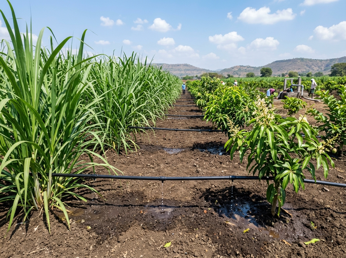 Active drip irrigation system in sugarcane and fruit orchard field