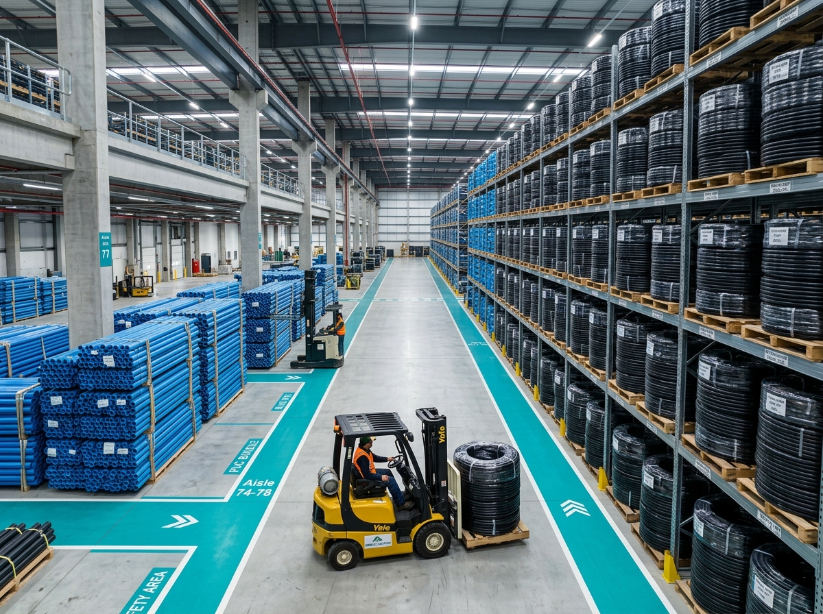 Organized warehouse storing stacked coils of drip lateral and PVC pipe bundles