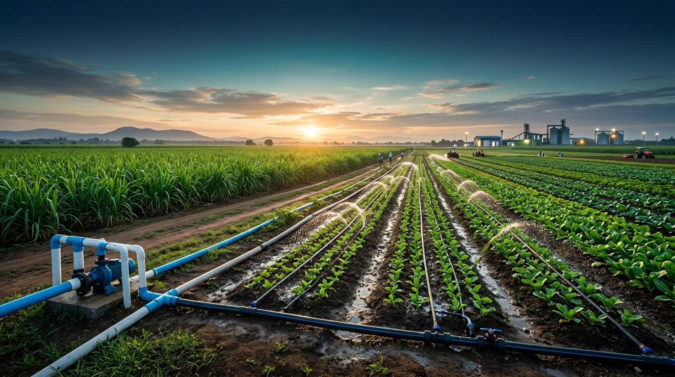 Agricultural crop field with Alfa precision drip irrigation and PVC pipes at sunrise